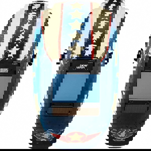 Welding Helmet with Digital Controls: Blue Red & White, Nylon, Shade 9 to 13, Ratchet Adjustment